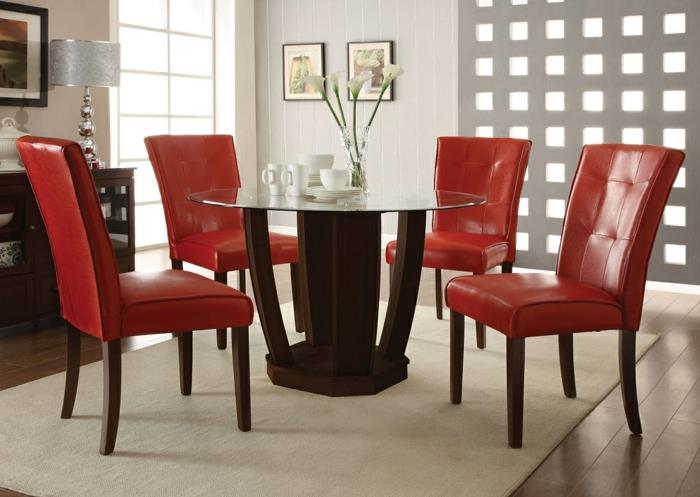 τραπεζαρία σχεδιασμός στρογγυλές κόκκινες δερμάτινες καρέκλες