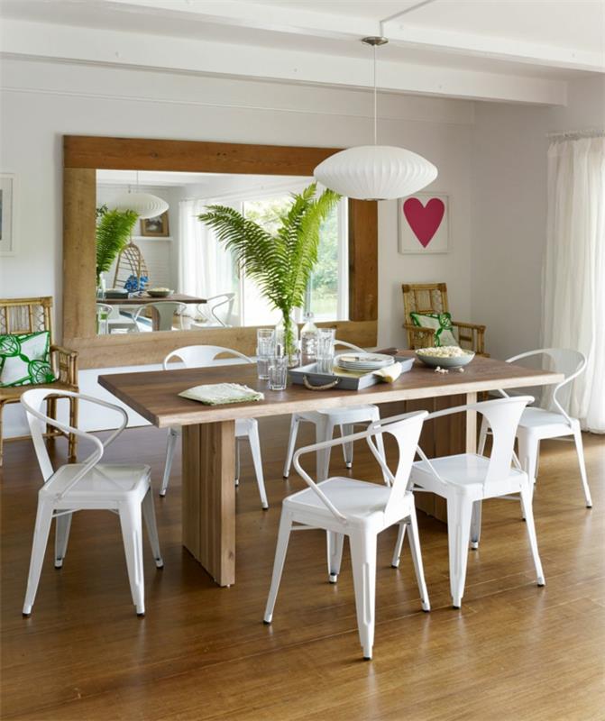 διακόσμηση της τραπεζαρίας ρουστίκ τραπεζαρία λευκές καρέκλες τοίχου φυτά καθρέφτη