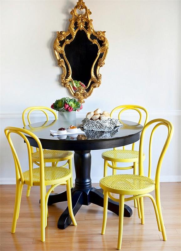 τραπεζαρία τραπεζαρία καρέκλες κίτρινο λακαρισμένο μαύρο τραπέζι