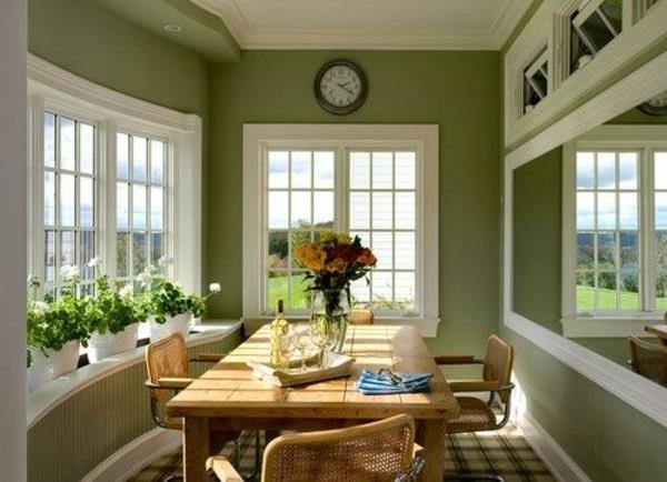 τραπεζαρία τοίχο σχεδιασμός φασκόμηλο πράσινο ξύλινο τραπέζι