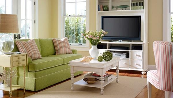 οικογενειακό δωμάτιο πράσινος καναπές τοίχος χρώματα καθιστικό ουδέτερο τοίχο σχεδιασμός