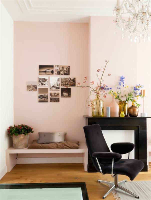 χρώματα παλιά ροζ τοίχους και μαύρο τζάκι κάνουν μια όμορφη φιγούρα
