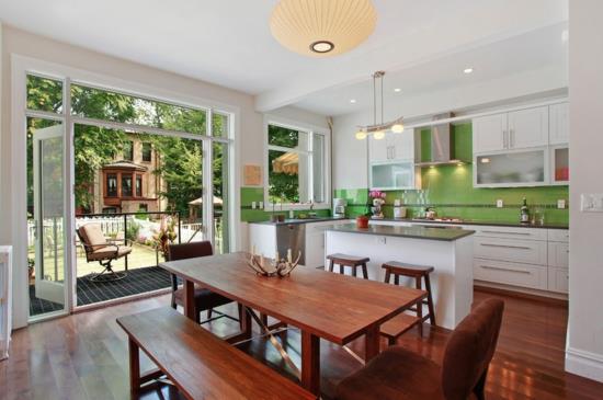 χρώματα για τοίχους κουζίνας ιδέες πράσινο πλακάκι καθρέφτη τραπεζαρία ξύλινο γυαλί