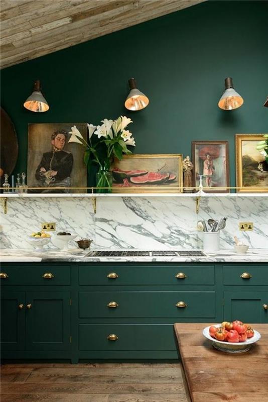 χρώματα στην εσωτερική διακόσμηση κουζίνας με σκούρο πράσινο ντουλάπια κουζίνας