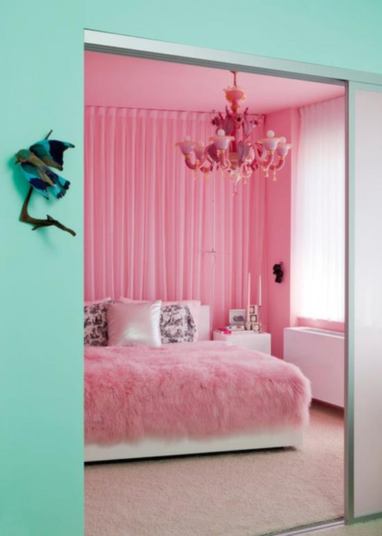 χρωματική σχεδίαση και πολύχρωμες ιδέες διαβίωσης ροζ τοίχο χρώμα κρεβατοκάμαρα τιρκουάζ πράσινο