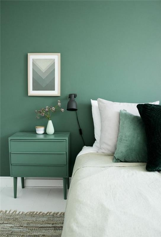 συνδυασμός χρωμάτων πράσινο χρώμα τοίχου στο υπνοδωμάτιο και λευκό δάπεδο