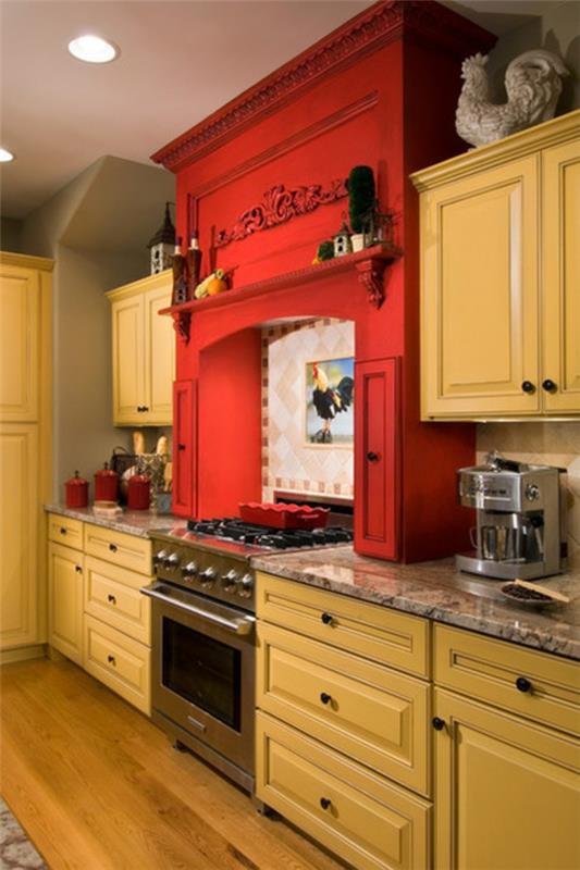 έγχρωμη σχεδίαση κουζίνας επίπλωση ντουλάπια κουζίνας χρώμα τοίχου κίτρινο