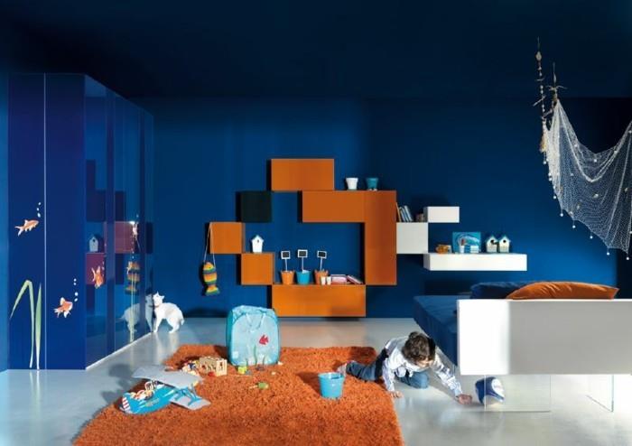 χρωματικό σχέδιο παιδικό δωμάτιο μπλε τοίχοι πορτοκαλί χαλί