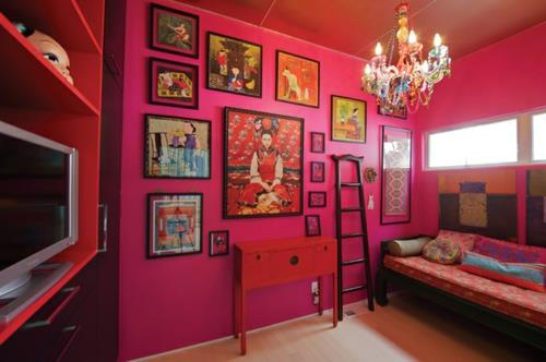 κομψός σχεδιασμός χρώματος στο σπίτι ροζ πίνακες τοίχου πολυέλαιος προσανατολισμός