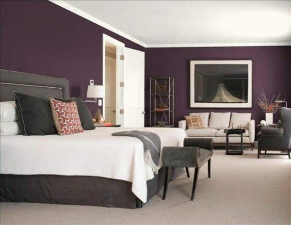 χρώμα σχεδιασμός κρεβατοκάμαρα τοίχο κρεβάτι χρώμα μοβ μοβ