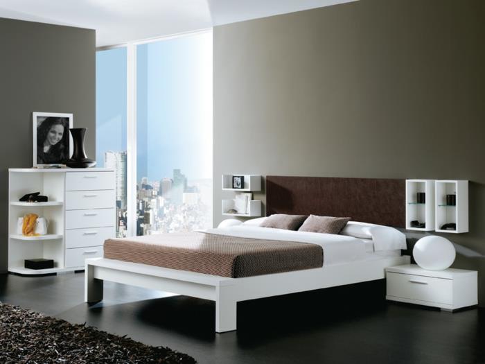 έγχρωμη σχεδίαση κρεβατοκάμαρα διακόσμηση τοίχου τοίχου χρώμα γκρι λευκό πλαίσιο κρεβατιού μοντέρνο σχέδιο