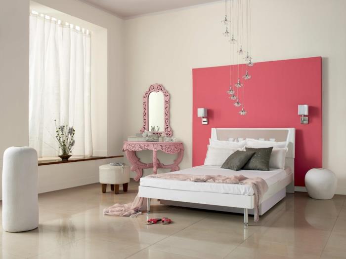 έγχρωμη σχεδίαση κρεβατοκάμαρας τοίχος χρώμα σολομός ροζ προφορά τοίχου τοίχου