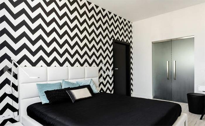 έγχρωμη σχεδίαση κρεβατοκάμαρας τοίχος χρώμα μαύρο λευκό σχέδιο διακόσμησης τοίχου chevron