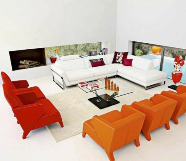 έγχρωμη σχεδίαση ιδέες σχεδιασμού τοίχου πορτοκαλί κόκκινη πολυθρόνα