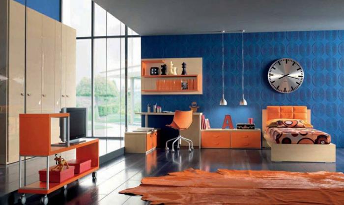 έγχρωμη σχεδίαση σαλόνι σχεδιασμός τοίχου σχεδιασμός τοίχου μπλε πορτοκαλί 70s