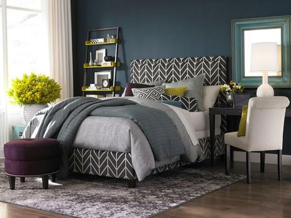 ιδέες χρώματος υπνοδωμάτιο με επίπλωση κρεβάτι με σκούρο τοίχο