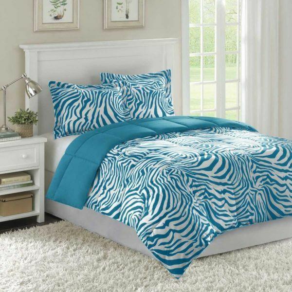 ιδέες χρώματος έπιπλα κρεβατοκάμαρας κρεβάτι λευκό κρεβάτι ζέβρα μοτίβο μπλε