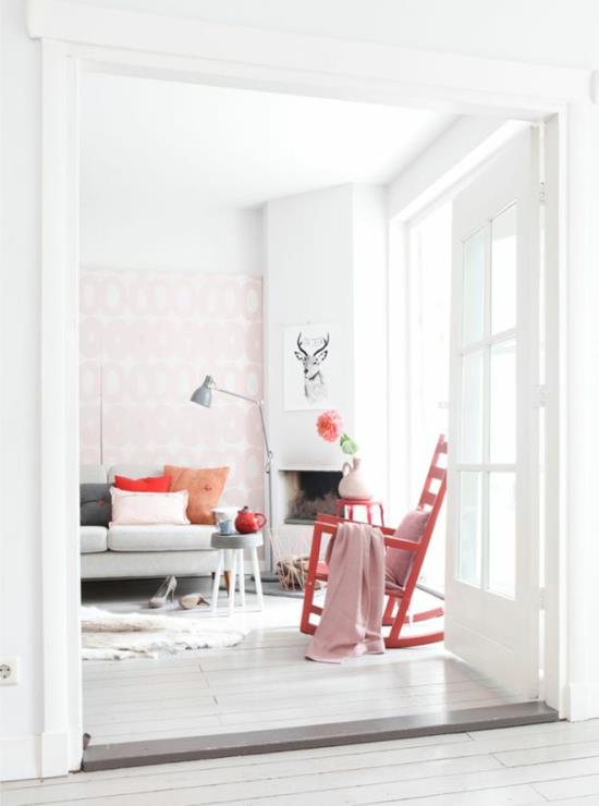 ιδέες χρώματος έπιπλα σαλονιού κουνιστή καρέκλα τοίχο μοτίβο ταπετσαρίας ανοιχτό ροζ