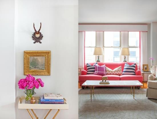 ιδέες χρώματος σαλονιού καναπέ ροζ λουλουδάτη διακόσμηση