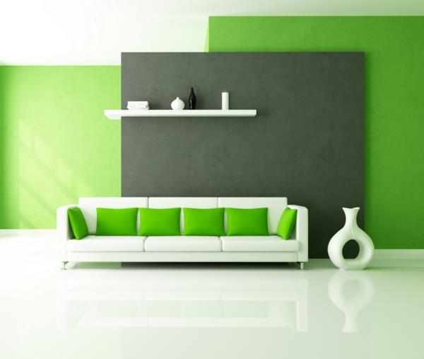 ιδέες χρώματος σαλόνι λευκός καναπές πράσινα μαξιλάρια
