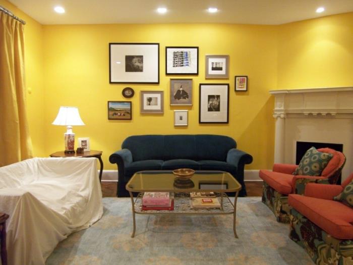 έγχρωμοι τοίχοι σαλόνι κίτρινος τοίχος βαφή κίτρινες κουρτίνες