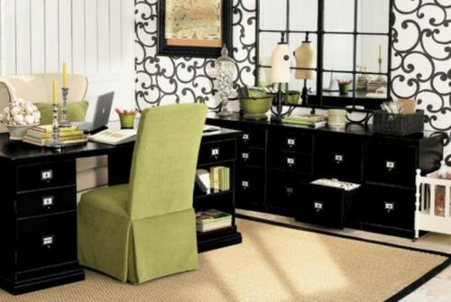 ωραίες ιδέες γραφείου στο σπίτι κομψό πράσινο κάλυμμα καρέκλας μαύρο συρτάρι