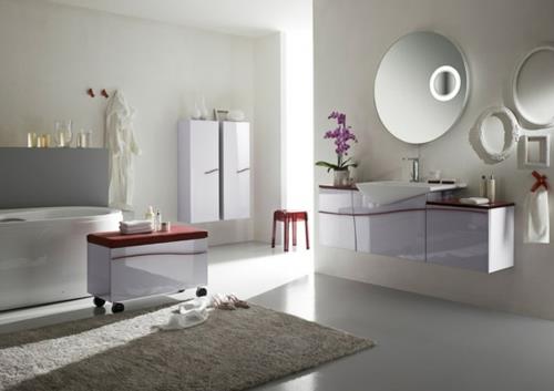 γυναικείο μπάνιο λευκό μαλακό χαλί συρταριέρα στρογγυλός καθρέφτης