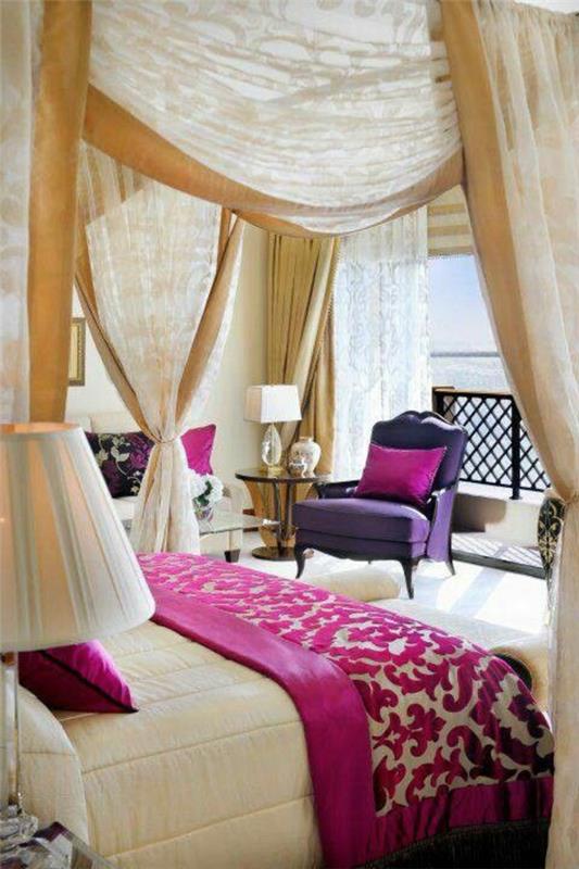 έπιπλα κρεβατοκάμαρας feng shui χρώματα μωβ ιδέες κουρτίνα κουρτινών κρεβατιών