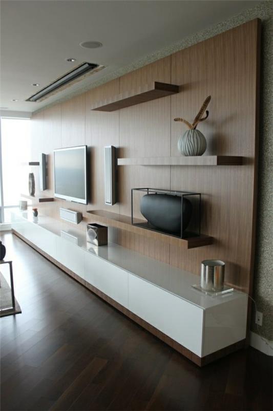 ντουλάπια τηλεόρασης σαλόνι ξύλινος τοίχος σχεδιασμός