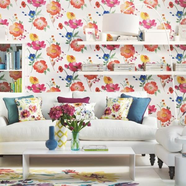 floral ταπετσαρία σαλόνι λευκά καναπέ λουλούδια