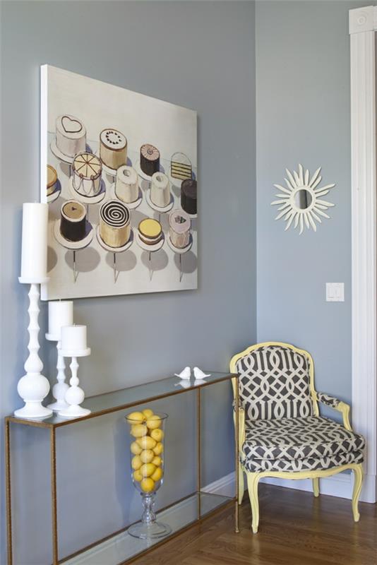 διάδρομος εσωτερική διακόσμηση φρέσκα χρώματα πίνακες γυάλινο τραπέζι