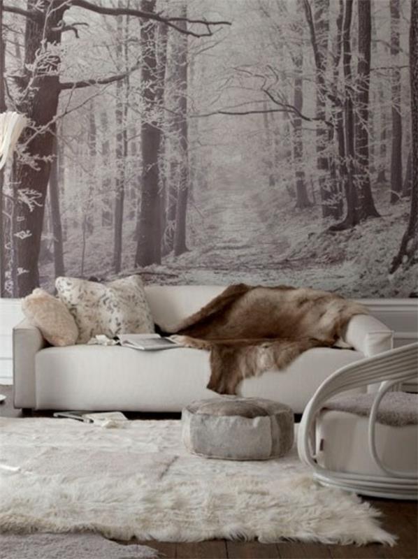 ταπετσαρία τοίχου γούνα χαλί καναπές χειμερινό δάσος