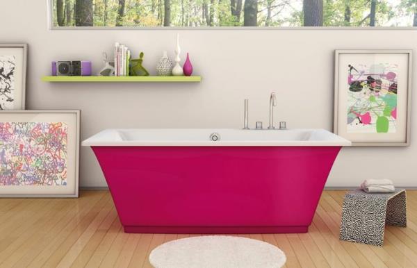 ανεξάρτητη μπανιέρα σε ροζ ξύλινα έπιπλα μπάνιου