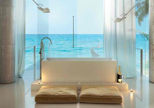 ανεξάρτητη μπανιέρα μοντέρνο πάτωμα μπάνιου μαξιλάρια γυάλινοι τοίχοι με θέα στον ωκεανό σχέδιο moma