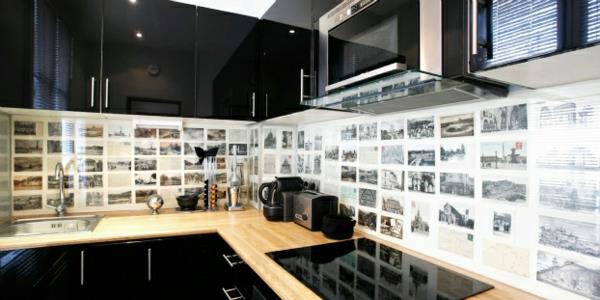 ιδέες φρέσκιας κουζίνας πίσω τοίχου υψηλής γυαλάδας σε μαύρα ντουλάπια