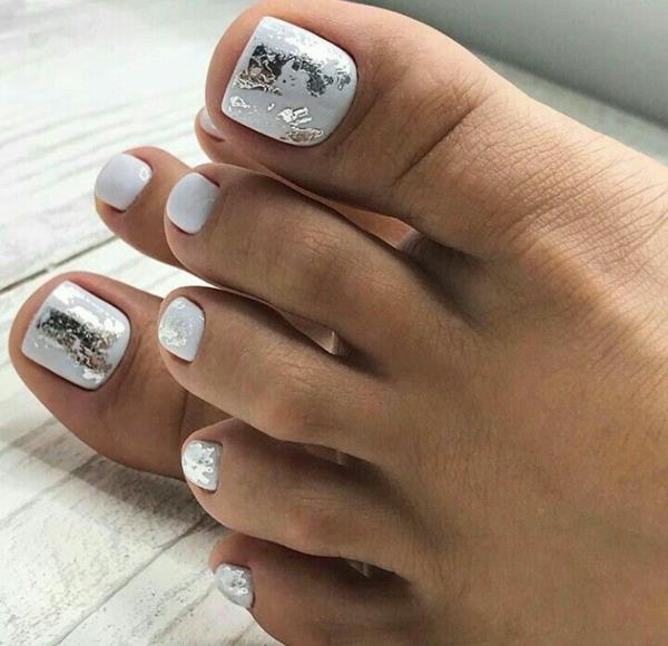 νύχια ποδιών σχέδιο λευκό ασήμι