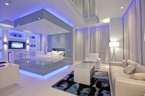 φουτουριστικό υπνοδωμάτιο μπλε νέον ελαφρύ βελούδινο λαμπερό καναπέ