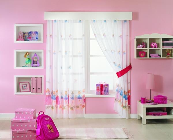 κουρτίνες ενσωματωμένα ράφια παιδικό δωμάτιο ροζ παιχνιδιάρικη διακόσμηση τοίχου