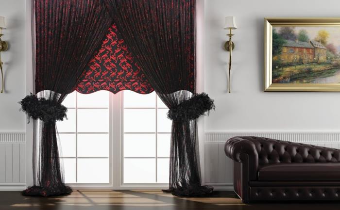 κουρτίνα υφάσματα κουρτίνα υφάσματα κουρτίνες μαύρο κόκκινο πεντάλ μοτίβο τούλι δερμάτινο καναπέ