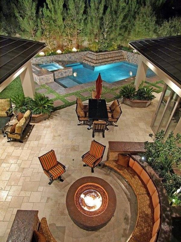 σχεδιασμός κήπου στρογγυλό καθιστικό ξύλινη εξωτερική πισίνα τζακιού
