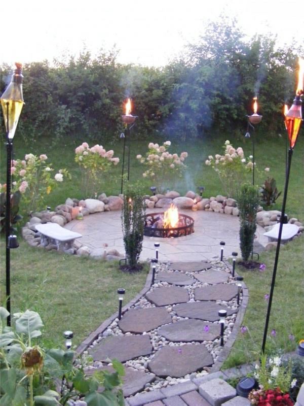 σχεδιασμός κήπου τζάκι πέτρινο μονοπάτι κήπος μονοπάτι φώτα κήπου