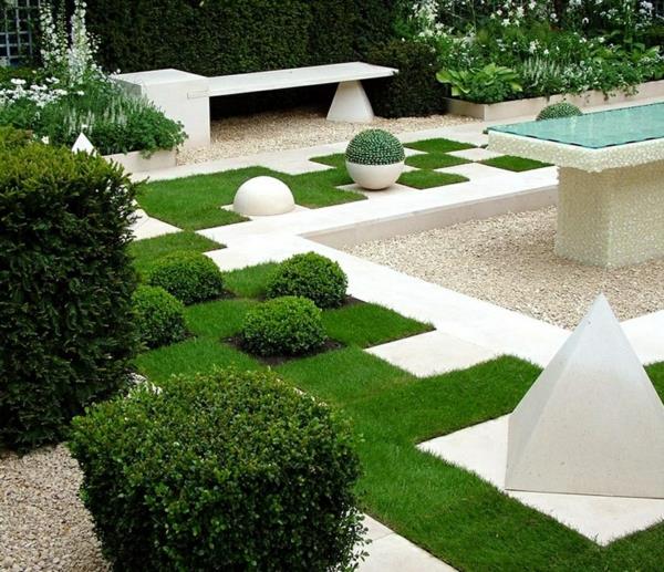 ιδέες κήπου σχεδιασμός κήπου γεωμετρικά μοτίβα πράσινο γρασίδι πυραμίδες πυξάρι