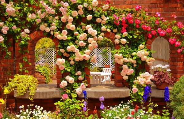 ιδέες κήπου σχεδιασμός κήπου τριαντάφυλλα αναρρίχηση φυτών καλοκαίρι λουλούδια στοές