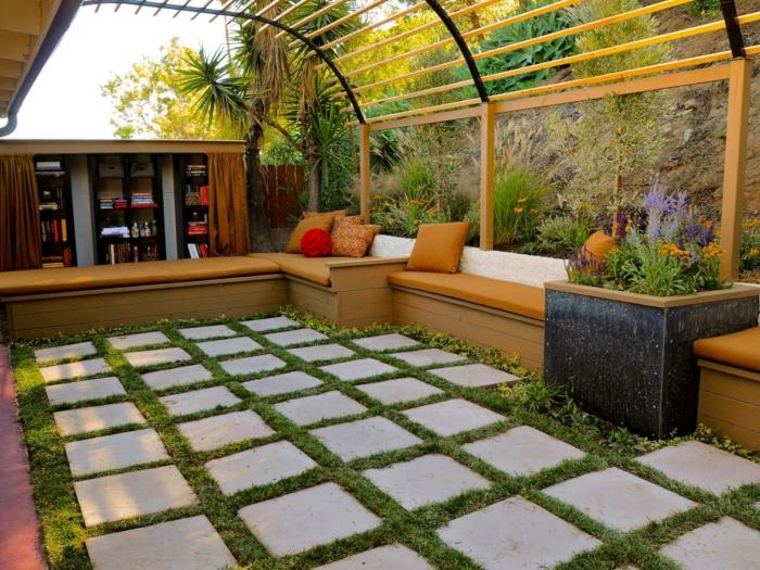 πέργκολα κήπου μονοπάτια κήπου σχήμα γρασίδι καθισμένες γωνίες ρίξτε μαξιλάρια