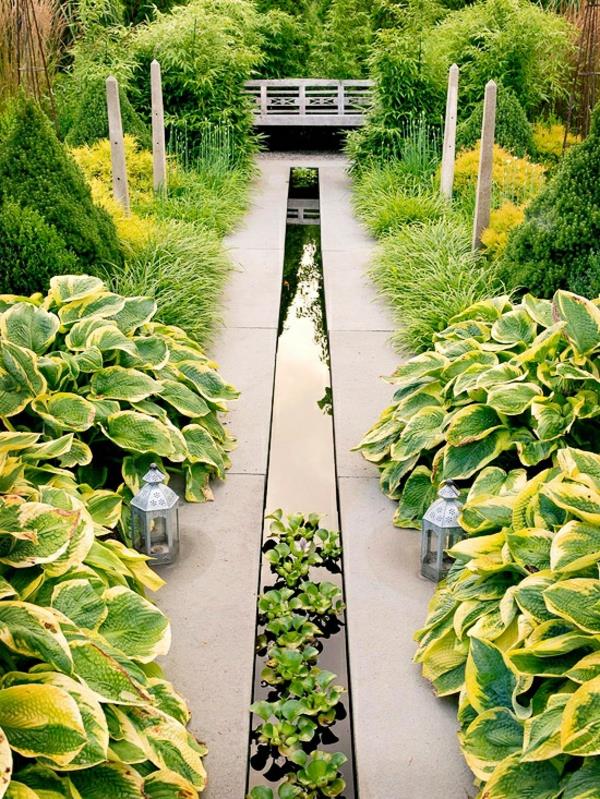 κήπος σχεδιασμός νερού χαρακτηριστικό πράσινα φυτά φαναράκια