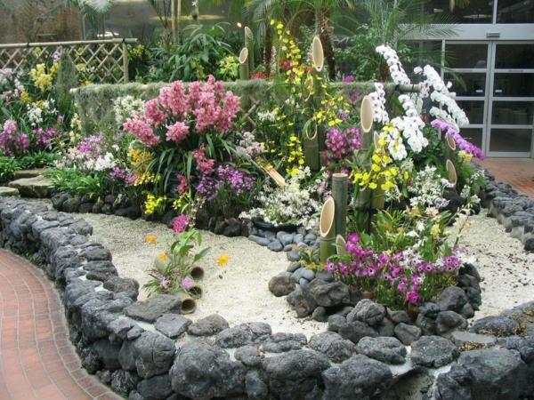 σχεδιασμός κήπου μπαμπού φυσικές πέτρες ανάχωμα χαλίκι