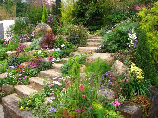 παραδείγματα σχεδιασμού κήπου λουλούδια πέτρινες σκάλες
