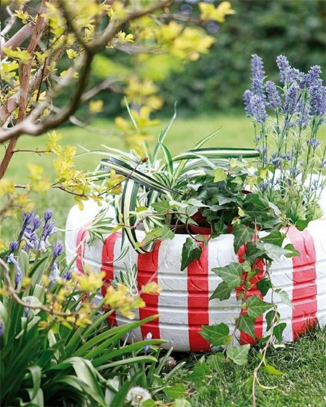 ιδέες σχεδιασμού κήπου diy γλάστρες ζωγραφίζουν παλιά ελαστικά αυτοκινήτου κισσούς φυτά κήπου