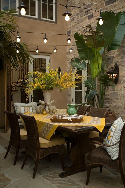ιδέες σχεδιασμού κήπου τραπέζι κήπου κίτρινα τραπεζομάντιλα φυτά