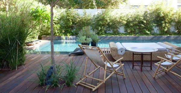 ιδέες σχεδιασμού κήπου ξύλινο δάπεδο έπιπλα κήπου πισίνα